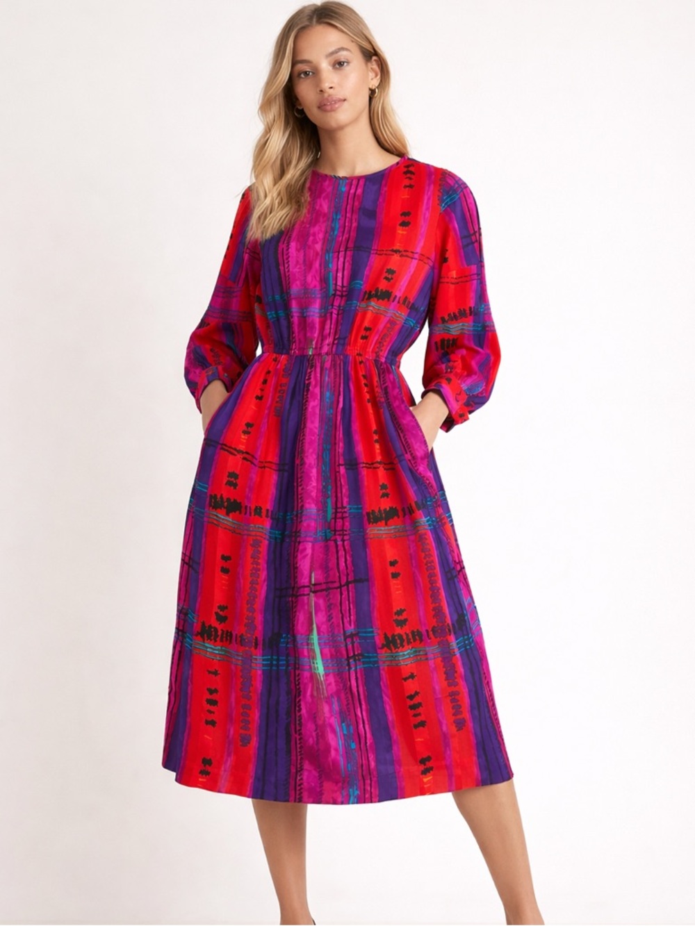 Anne Crimmins Umi Jewel Tone Silk Midi Dress 80s 90s Artsy Pockets 8 Maximalism